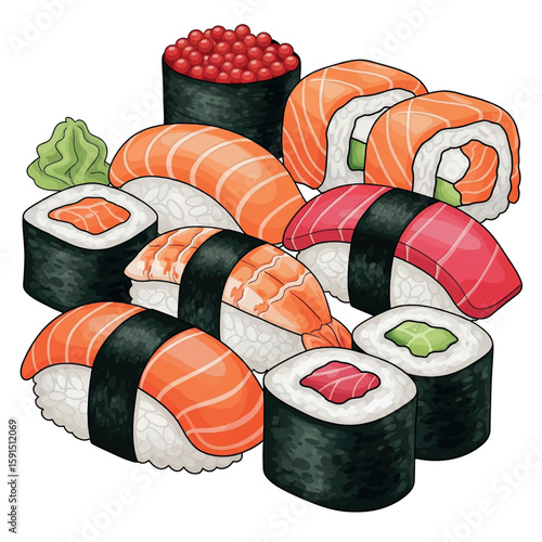 illustration, food, sushi, drawing, rice, japanese, delicious, cuisine, seafood, roll, cartoon, design, salmon, tasty, isolated, art, fish, vector, graphic, cute, meal, asian, icon, seaweed, image, 