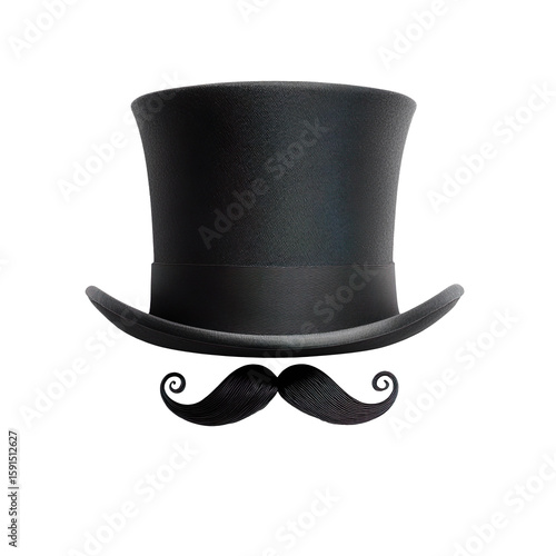 Classic black top hat with vintage curled mustache isolated on transparent background