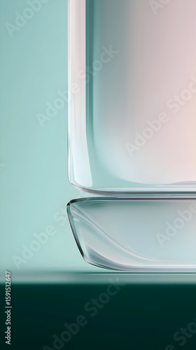 Close-up of translucent glass shapes, soft colors, and reflective surfaces.  Intersecting planes create a sense of depth