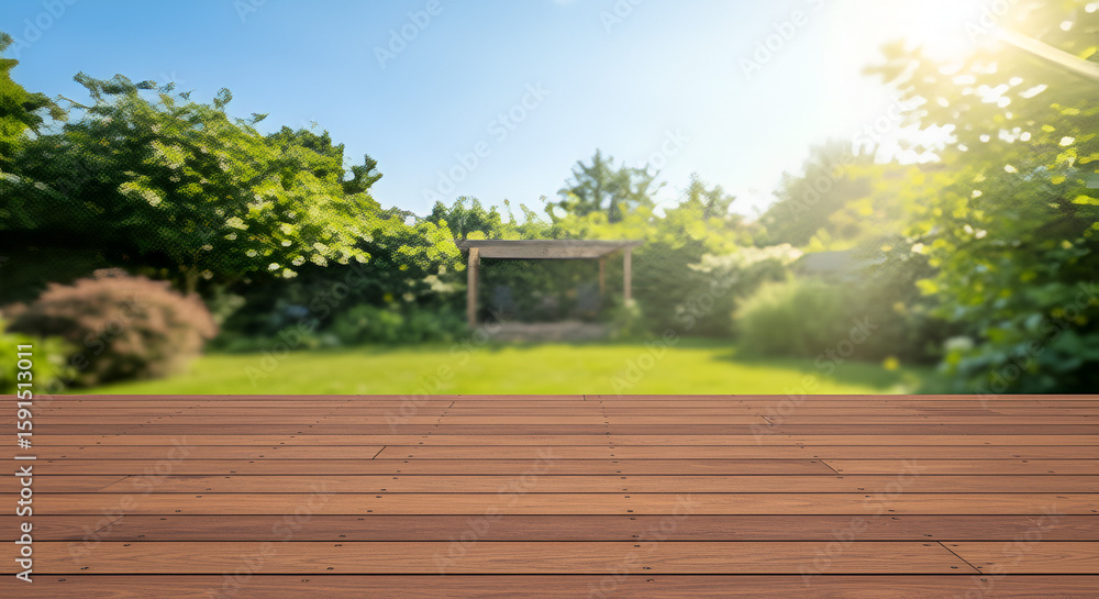 Wooden picnic table with food on a sunny day, outdoor dining setting Wooden picnic table with food on a sunny day, outdoor dining setting