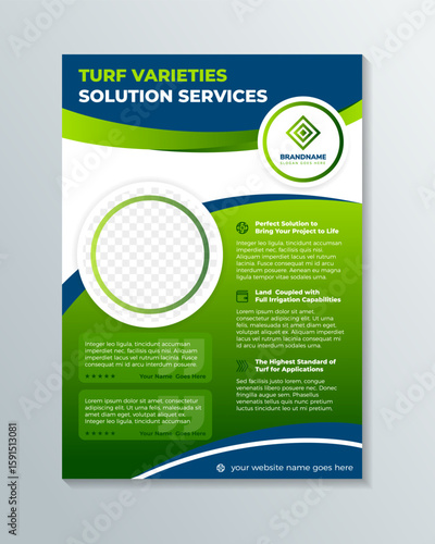 turf varieties solution services flyer design template on vertical layout. vector illustration banner with space for photo on circle shape. combination blue, white and green gradient colors. 
