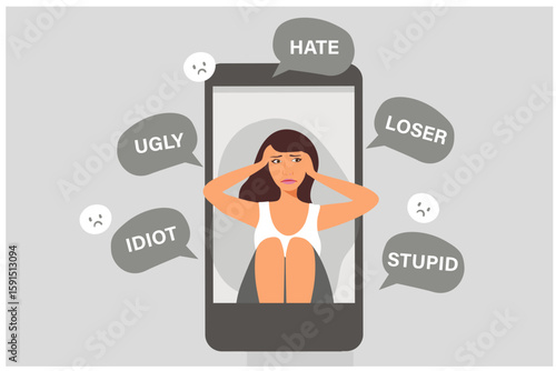 Stop bullying and cyber bullying concept, depressed woman suffering with negative criticism, and online hate speech vector illustration