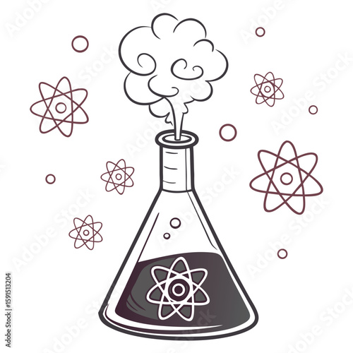 A chemistry flask fizzing with vapor and molecular symbols, isolated on white
