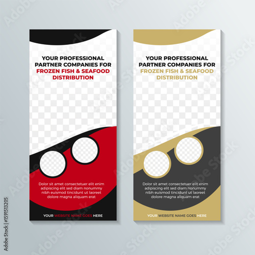 your professional partner companies or frozen fish and seafood distribution banner design template in vertical layout. collection roll up banners background with frame for photo space and text.