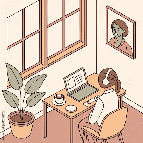 A cozy home office with a laptop on a wooden desk, potted plant, coffee cup