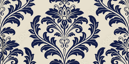 A symmetrical damask pattern with navy blue floral elements on a beige background, featuring stylized leaves, scrolls, and a central flower-like