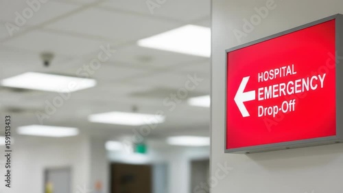 Hospital Emergency Drop-Off Sign: Red illuminated signboard indicating the direction to the hospital's emergency drop-off point.