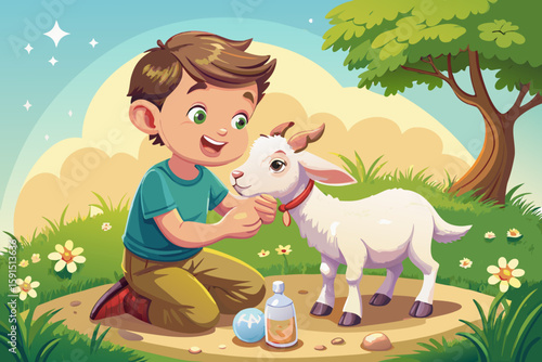 Boy bottle-feeding a baby goat — face full of love and kindness.