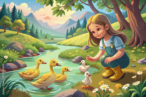 Girl playing with goslings near a stream — fun and carefree moments