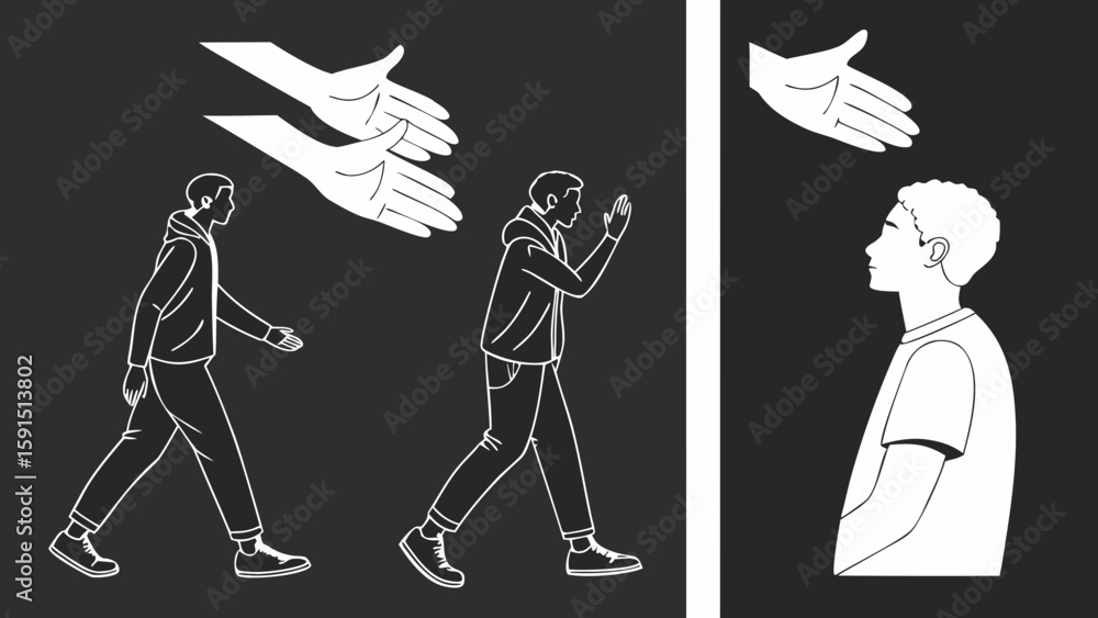 Obraz premium An illustration depicting a young male figure walking while extending a hand for a greeting, emphasizing connection and communication.