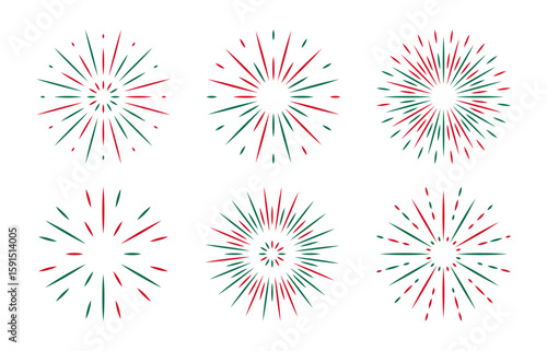 Green red Fireworks set. New Year decoration in flat style. Radiant simple sparks for banner, poster, flyer, greeting card. Explosion decorative elements. Independence day.