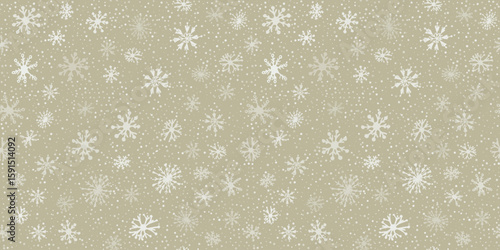 Winter Snowflakes Seamless Pattern on pastel gold background. Christmas hand drawn white snow element. Cute soft New year texture for print, wrapping paper, design, fabric, decor, gift, banner.
