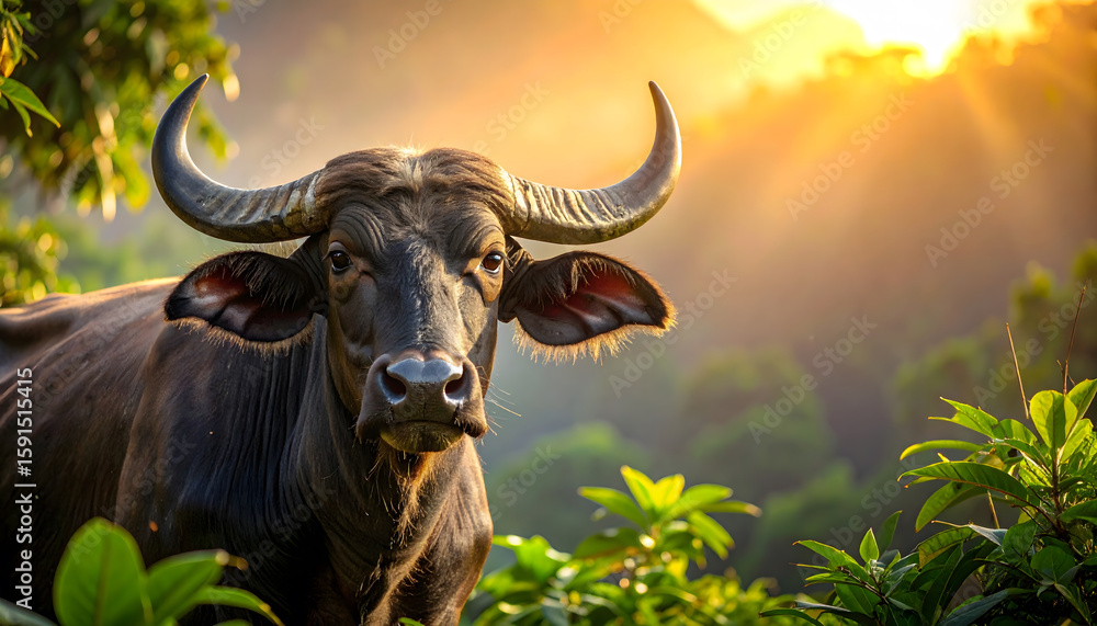 Naklejka premium Majestic Oxpecker on African Buffalo in Lush Natural Habitat