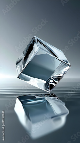 A clear, glassy cube, seemingly suspended in mid-air, reflecting light beautifully on a mirrored surface