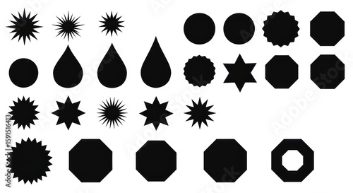 Diverse minimalist black graphic design elements: spiked starbursts, circles (one with white outline, one with starburst cutout), teardrop, stars, hexagon, octagon, decagon, arranged in two rows on