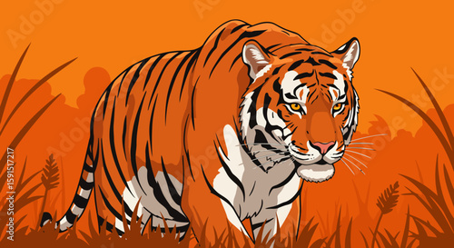 A tiger strides orange fur striped black in a tall grass savanna setting