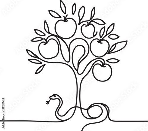Line art of tree with apples and snake in minimalist design