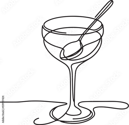 Minimalist one-line drawing of wine glass with spoon on light background