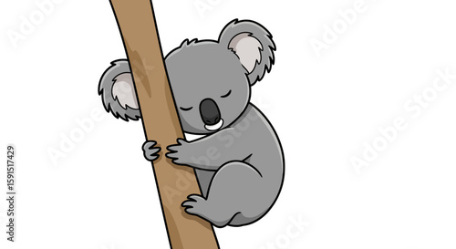Sleeping cartoon koala clinging to brown branch