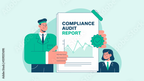 auditors presenting an approved compliance report vector illustration, audit and compliance reporting, regulatory adherence and corporate governance