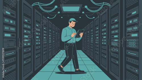 network engineer with tablet walking in server room vector illustration, data center management, network backbone infrastructure and system administration