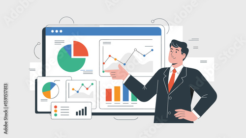 business analyst presenting a kpi dashboard with charts and graphs vector illustration, data visualization, business intelligence and performance analysis