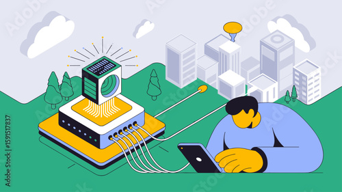 network engineer managing edge server connected to a smart city vector illustration, edge computing, low-latency data processing and decentralized iot architecture