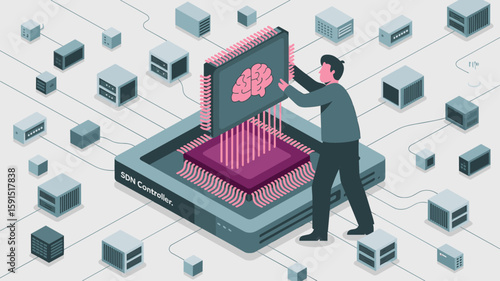 ai engineer installing a brain-like module into a network's central processor vector illustration, artificial intelligence implementation, machine learning core and data network architecture