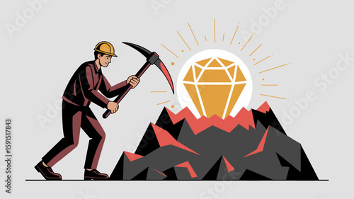data miner with a pickaxe discovering a diamond in raw material vector illustration, data mining for insights, value discovery and knowledge extraction