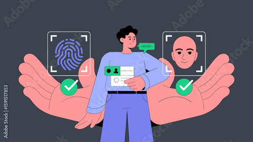 user completing biometric verification with fingerprint and face scan vector illustration, multi-factor authentication, digital identity verification and cybersecurity access
