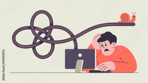frustrated user at computer with slow tangled internet connection vector illustration, network latency and lag, connection bottleneck and poor performance