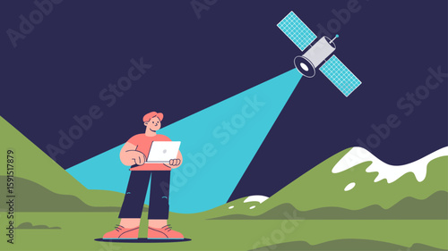 engineer with laptop receiving signal from satellite vector illustration, satellite internet connectivity, global communication and remote network access