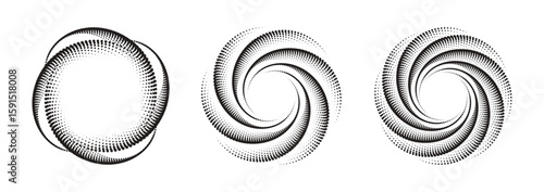 Vortex forms, abstract halftone dot pattern series, a geometric spiral stylish design elements, well-suited for framing, circular icons, signage, and symbols.
