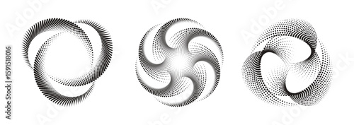 Vortex forms, abstract halftone dot pattern series, a geometric spiral stylish design elements, well-suited for framing, circular icons, signage, and symbols.