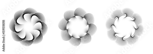 Vortex forms, abstract halftone dot pattern series, a geometric spiral stylish design elements, well-suited for framing, circular icons, signage, and symbols.