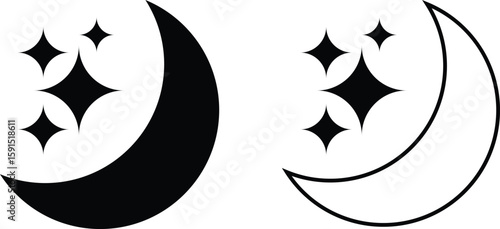 Set of crescent moon icon collection with sparkle stars. Half moon stars. night or dark mode symbol. style for apps. deaign in modern style. Vector Illustration.
