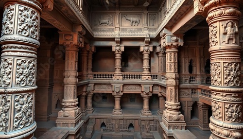 Intricate carvings adorn Adalaj & Rani ki Vav stepwells' interior walls and pillars,   ancient india,  heritage