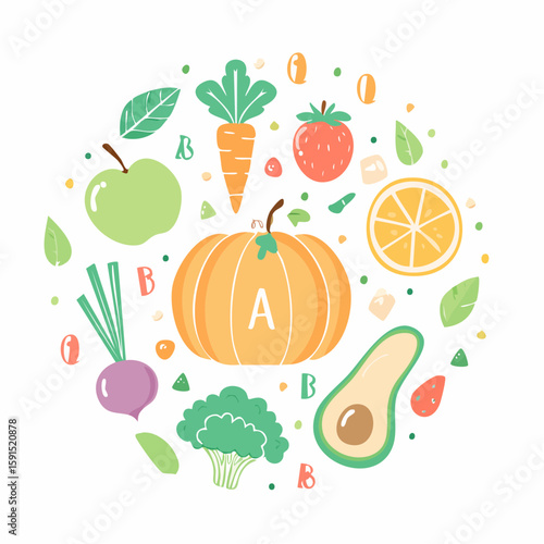 Vibrant Illustration Of Assorted Produce Arranged In A Circle