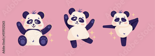 Set pandas in various poses. Cute panda animal characters. Wildlife and Asian nature concept. Vector illustration in flat cartoon style isolated