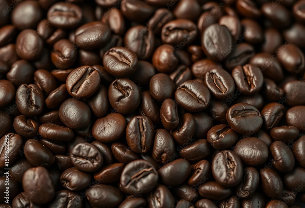 Fototapeta premium Close-up of dark roasted coffee beans; rich browns, oily sheen, deep textures, food, texture background