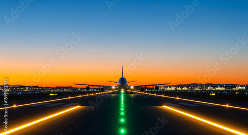 A striking modern jet aircraft taxiing on a runway at dusk, with an illuminated path and clear twilight sky.