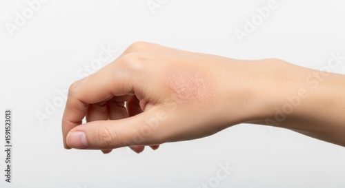 Closeup of hand with psoriasis condition on skin against white background  