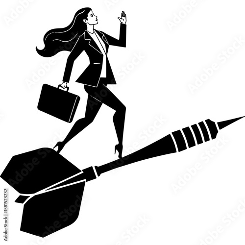 Sketchy emblem of slim girl from businesswoman flies on dart. Engraving minimalistic vector in black ink drawing on transparent background
