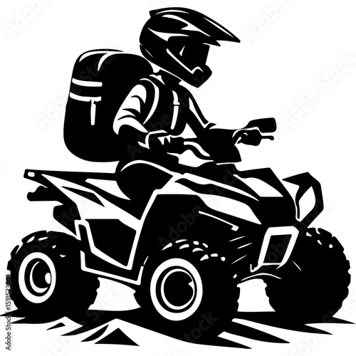 Sketchy sport emblem of Tourist traveler controls quad bike. Engraving minimalistic vector in black ink drawing on transparent background
