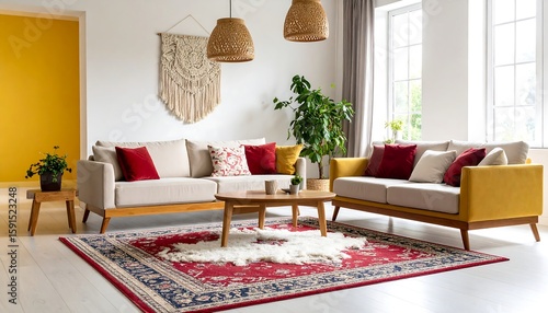 Modern boho living room with pops of color