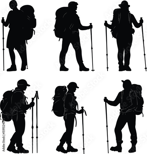 Silhouette vector illustration of hikers with backpacks and trekking poles isolated on white
