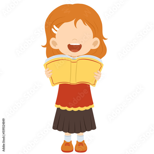 Happy Girl Reading Book with Joyful Expression Cartoon Style Illustration