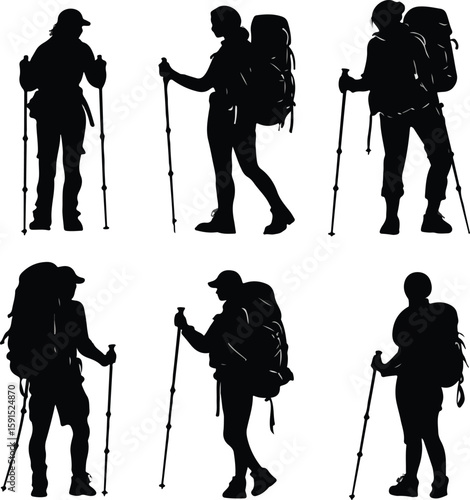 Silhouette of Hikers with Backpacks and Trekking Poles on White Background