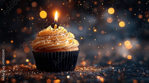 Cupcake with Candle and Gold Sprinkles on Bokeh Background