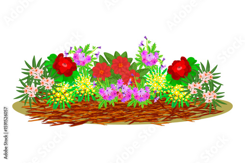 Mulch gardening concept with flower and red mulch on white background. Mulching of plants, soil protection. Landscape design mulch. Agriculture countryside outdoor seasonal work. Vector illustration